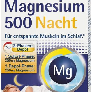 tetesept Magnesium 500 Nacht – Nahrungsergänzungsmittel mit hochdosiertem Magnesium – entspannte Muskeln im Schlaf mit Magnesium Tabletten – 1 x 30 Tabletten