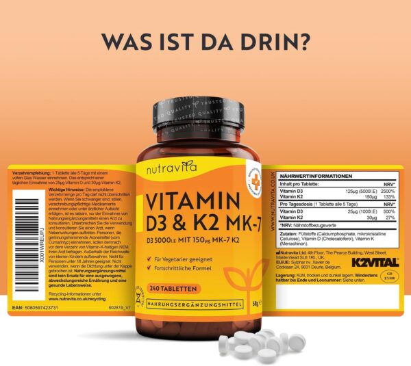 Vitamin D3 & K2 Tabletten - 240 Hochdosierte Tabletten - Premium Sonnenvitamine für Gesunde Knochen, Muskeln und Immunsystem - Vegetarisch - Hergestellt von Nutravita – Bild 3