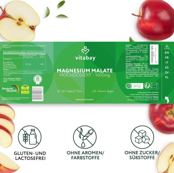 Vitabay Magnesium Malat 1000mg Hochdosiert - 180 Tabletten Vegan & Laborgeprüft - Magnesium Hochdosiert Kapseln - Trägt zu einem normalen Energiestoffwechsel und einer normalen Muskelfunktion bei – Bild 7