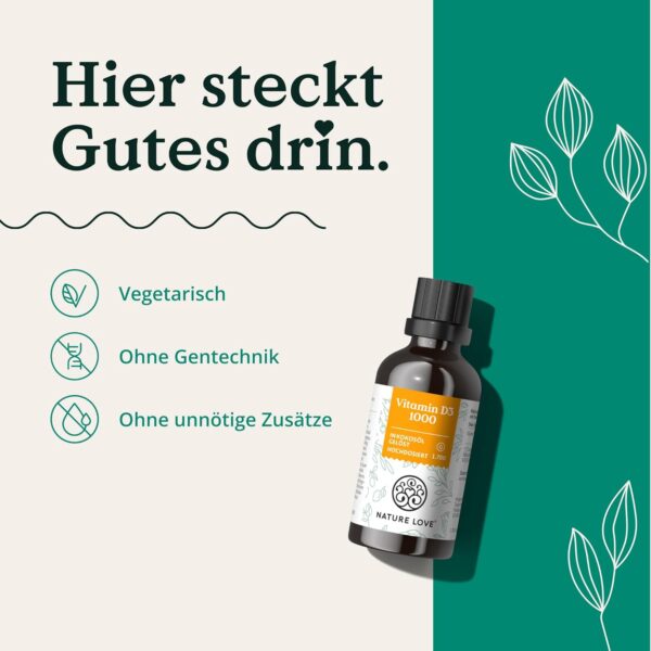NATURE LOVE® Vitamin D3 1000 (50ml flüssig) – Laborgeprüfte 1000 I.E. pro Tropfen – in MCT-Öl aus Kokos – Vitamin D hochdosiert – hoch bioverfügbar, sehr hohe Stabilität und ohne unnötige Zusätze – Bild 5