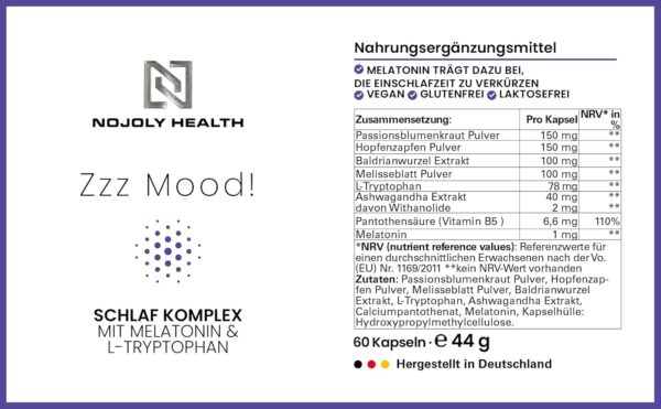 Zzz Mood® natürlicher Schlaf Komplex | mit 1mg Melatonin, L-Tryptophan, Passionsblume, Ashwagandha & bewährten Pflanzenstoffen hochdosiert B5 für geistige Leistung & Energiestoffwechsel – Bild 5