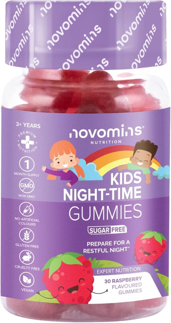 Schlafgummis für Kinder – Nahrungsergänzungsmittel für Kinder in der Nacht – Melatonin-Alternative zur Schlafenszeit – Vegan – Glutenfrei – Magnesium – L-Theanin – B12 – von Novomins