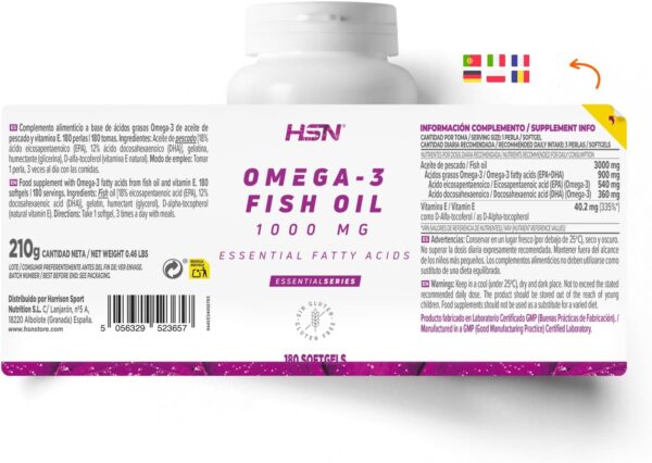 HSN Omega 3 3000mg Fischöl 540mg EPA 360mg DHA pro Tagesdosis | 180 Kapseln | Mit Vitamin E | Frei von Schadstoffen und Oxidation | Geruchs- und Geschmacksneutral | Nicht-GVO, Ohne Gluten und Laktose – Bild 2