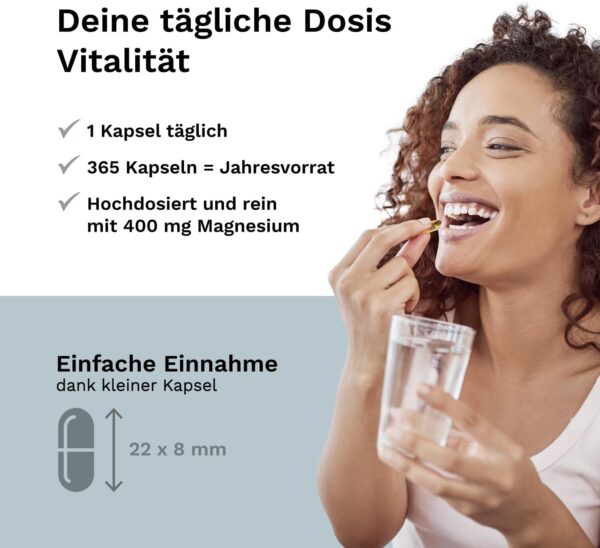 Magnesium Kapseln - 365 Stück (1 Jahr) - 667 mg Magnesium-Oxid, davon 400 mg ELEMENTARES reines Magnesium - ohne Zusatzstoffe - laborgeprüft - Made in Germany - Balanced Vitality – Bild 4