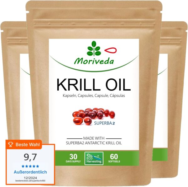Superba Premium Krillöl Softgel Caps - mit revolutionärem Omega 3 Öl - verestertem Astaxanthin, Antioxidantien & Vitaminen - Herz Immunsystem Gedächtnis - 180 Kapseln von MoriVeda