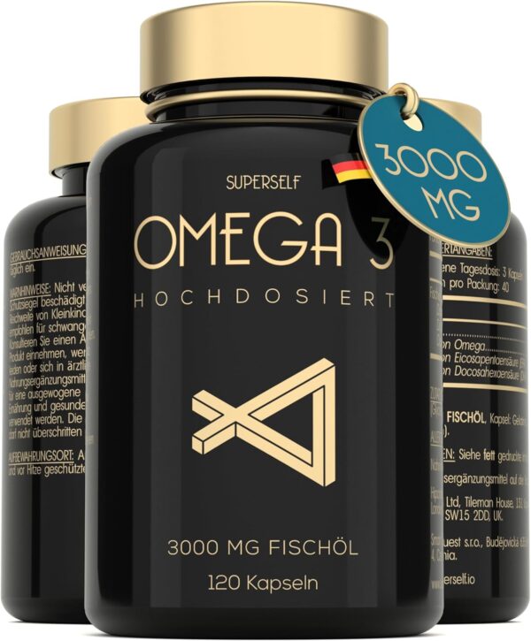 Omega 3 Kapseln Hochdosiert 3000mg - Premium Fischöl 120 Kapseln - Dreifache Wirkung - Hoher DHA & EPA Gehalt - Reines Omega 3 Öl aus Nachhaltigem Fischfang - Laborgeprüftes Fischöl Ohne Zusätze