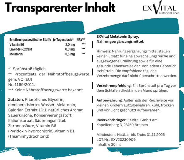 Melatonin Spray, mit Lavendel Extrakt & Vitamin B6- 0,5 mg liquid Melatonin pro Sprühstoß, natürliches Schlafhormon, 30 ml Sprühflasche mit SOFORT EFFEKT- Ohne Alkohol, Hochdosiert & Made in Germany – Bild 7