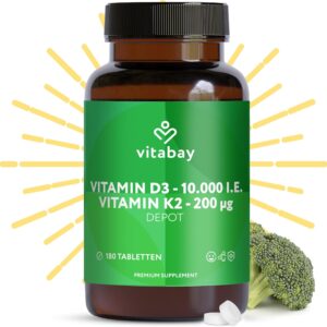Vitabay Vitamin D3 K2 Hochdosiert 10000 IE Depot - 180 Vegane & Laborgeprüfte Vitamin D Tabletten ohne Zusätze - Trägt zur Unterstützung des Immunsystems und zur Erhaltung normaler Knochen bei