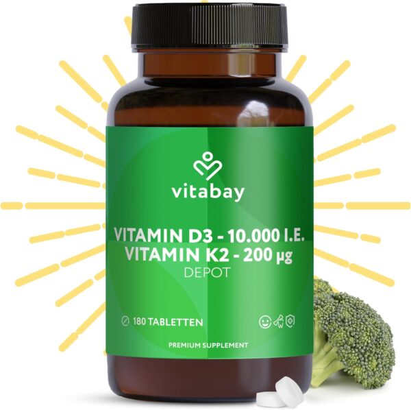 Vitabay Vitamin D3 K2 Hochdosiert 10000 IE Depot - 180 Vegane & Laborgeprüfte Vitamin D Tabletten ohne Zusätze - Trägt zur Unterstützung des Immunsystems und zur Erhaltung normaler Knochen bei