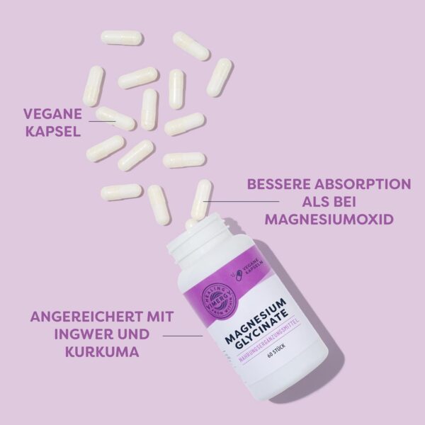 Vimergy Magnesium Glycinat Mineral Nahrungsergänzungsmittel – 30 Kapseln – Unbedenkliche Magnesium Hochdosiert Kapseln – Kurkuma & Ingwer – Glutenfrei, ohne Gentechnik – Für Keto-/Paleo Ernährung – Bild 3