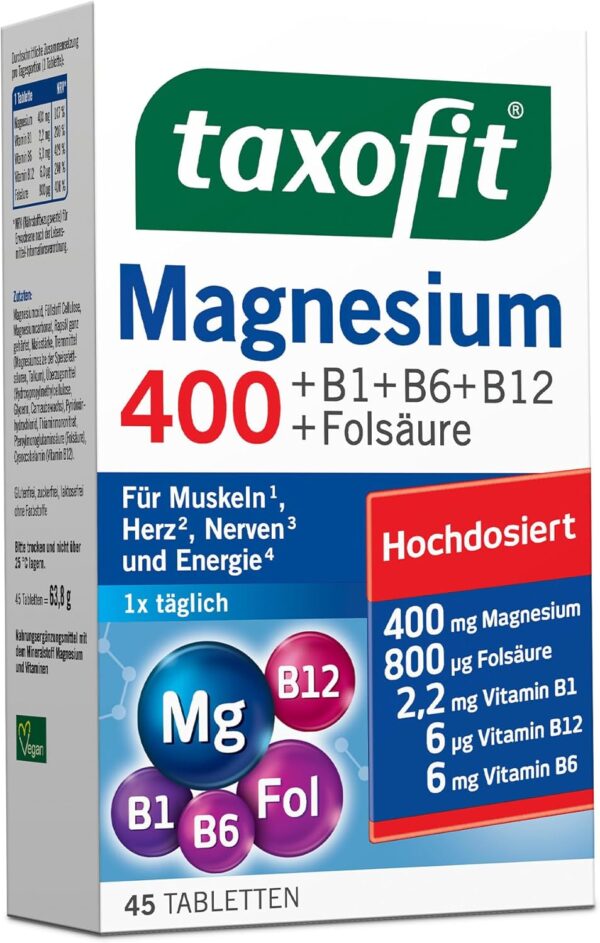 taxofit® Magnesium 400 Tabletten für Muskeln, Herz, Nerven, Energiestoffwechsel & Blutbildung | hochdosiert | vegan | Nahrungsergänzungsmittel mit Magnesium, B-Vitaminen & Folsäure | 5 x 45 Tabletten – Bild 2