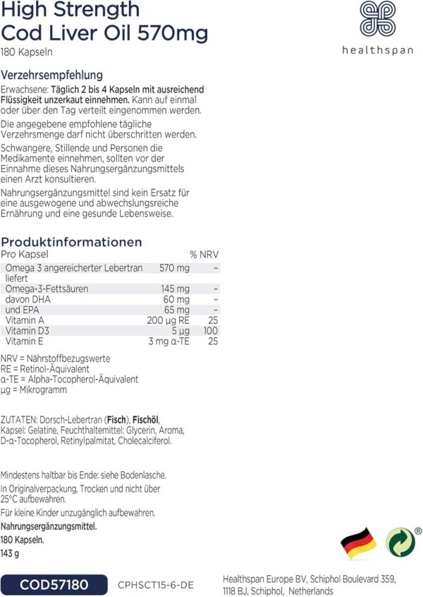 Healthspan Lebertran 570 mg | Unterstützt Gehirnfunktion, Herzgesundheit & Knochengesundheit | Mit 150 mg Omega-3-Fettsäuren pro Kapsel | Zusätzlich Vitamin A & Vitamin D | 180 Kapseln – Bild 6