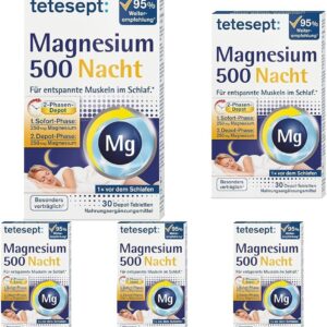 tetesept Magnesium 500 Nacht – Nahrungsergänzungsmittel mit hochdosiertem Magnesium – entspannte Muskeln im Schlaf mit Magnesium Tabletten – 1 x 30 Tabletten (Packung mit 5)