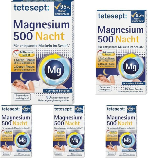 tetesept Magnesium 500 Nacht – Nahrungsergänzungsmittel mit hochdosiertem Magnesium – entspannte Muskeln im Schlaf mit Magnesium Tabletten – 1 x 30 Tabletten (Packung mit 5)