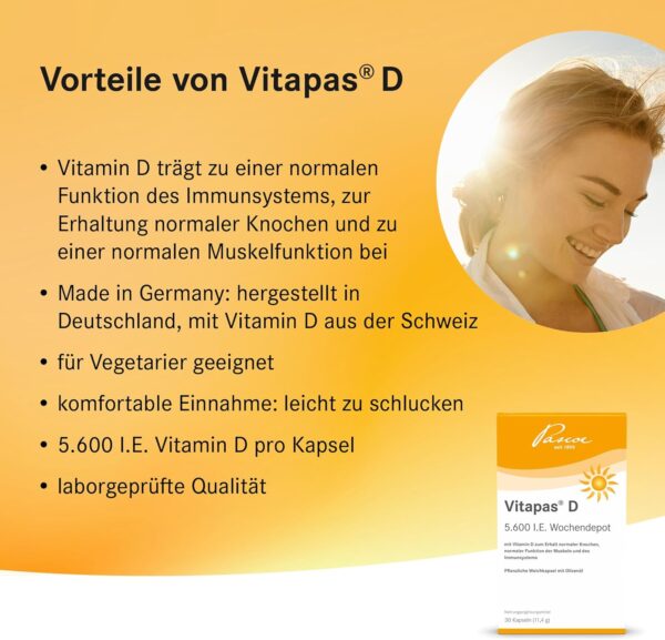 Vitapas D: 5.600 I.E. Vitamin D3 als Wochendepot – 30 pflanzliche Weichkapseln für Immunsystem, Muskeln & Knochen, vegetarisch, 30 Kapseln – Bild 3