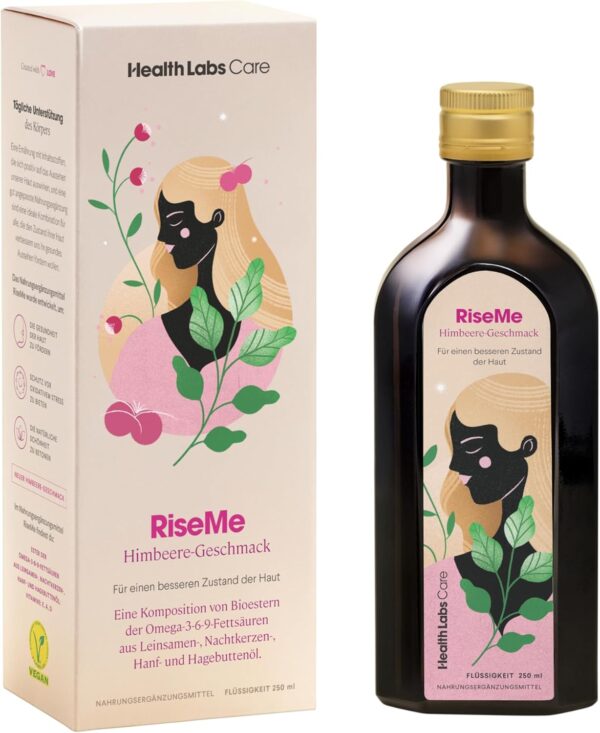Vegan Omega 3 6 9, Premium Öl flüssig mit Vitamin A, D, E, Omega 3 6 9 hochdosiert, die Gesundheit und den Zustand der Haut unterstützen, 250 ml Himbeergeschmack