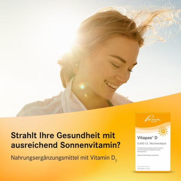 Vitapas D: 5.600 I.E. Vitamin D3 als Wochendepot – 30 pflanzliche Weichkapseln für Immunsystem, Muskeln & Knochen, vegetarisch, 30 Kapseln – Bild 2