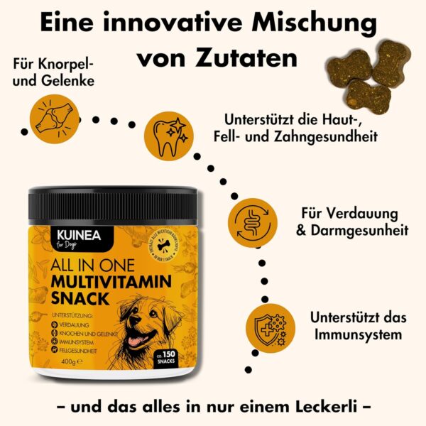 KUINEA® All-in-One Vitamine für Hunde als Leckerli I ca. 5-MONATS-VORRAT I Unterstützend bei: Verdauung, Knochen & Gelenke, Immunsystem, Fellgesundheit, Nahrungsergänzungsmittel Hund 150 Snacks (400g) – Bild 2