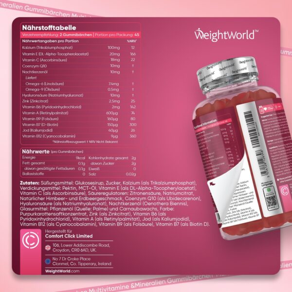 Multivitamin Gummies für Frauen - Mit Hyaluron, Nachtkerzenöl, Coenzym Q10, Folsäure, Zink, Vitamin C, B12, Biotin - Für Immunsystem, Haut & Stoffwechsel - 90 Gummibärchen - Erdbeer & Himbeergeschmack – Bild 5
