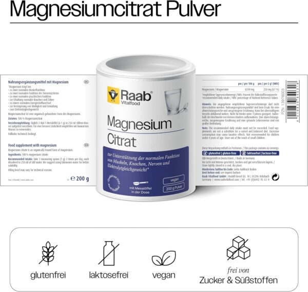Raab Vitalfood® Magnesiumcitrat Pulver (200 g) - 100% Magnesiumcitrat ohne Zusätze, gut zu dosieren, ideal für Sportler - für Muskeln, Nerven, Elektrolyt-Haushalt - laborgeprüft, vegan – Bild 2