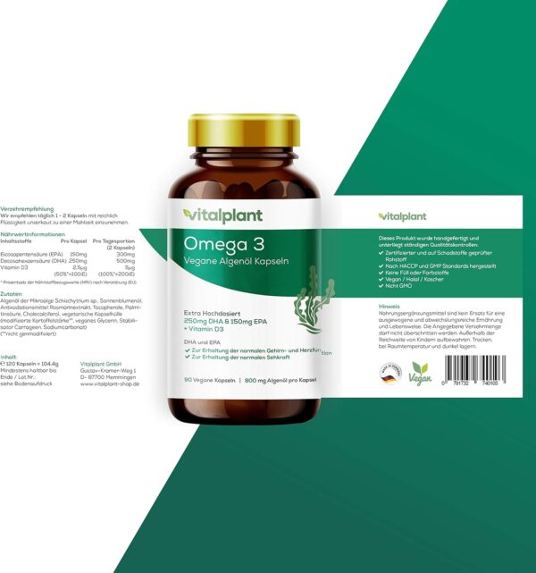 Vitalplant® Omega 3 Vegan | 250mg DHA + 150mg EPA pro Kapsel | 90 Kapseln hochdosierte Omega 3 Fettsäuren aus Algenöl | + Vitamin D3 | Pflanzliche Alternative zu Fischöl Kapseln – Bild 5