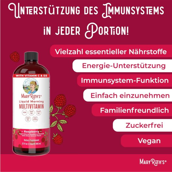 MaryRuth's, Liquid Morning Multivitamin Essentials+, 946ml, breites Spektrum an Vitaminen je Dosis, Himbeerengeschmack, Vegan, Glutenfrei, Sojafrei, GMO frei – Bild 5