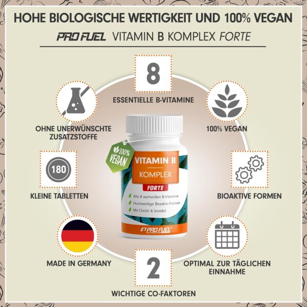 Vitamin B Komplex hochdosiert - 180 Tabletten - alle 8 B-Vitamine (B1, B2, B3, B5, B6, B7, B9, B12) + Co-Faktoren Cholin & Myo-Inositol - laborgeprüft mit Zertifikat - vegan - Vorrat für 6 Monate – Bild 2