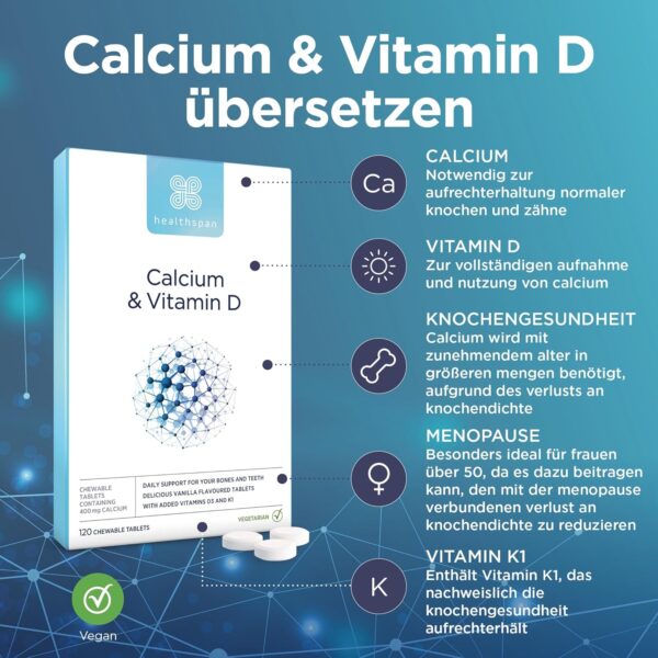 Healthspan Kalzium & Vitamin D | hochfestes reines Kalziumpräparat | Natürliche Quelle von Vitamin D3 | Zusätzliches Vitamin K für Knochengesundheit | Vanille | Vegetarisch | 240 Kautabletten – Bild 3