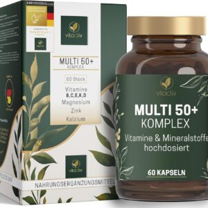 Vitactiv MULTI 50 plus - Multivitamin Komplex Menschen ab 50 - Vitamine, Mineralien, Spurenelemente - Vitamin B, C, E, K, D, Magnesium, Kalzium, Zink - Hochdosiert, Hormonfrei, ohne Jod - 60 Kapseln