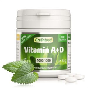 Vitamin A+D Tabletten hochdosiert – 4000 iE Vitamin A + 1000 iE Vitamin D pro Tag (180 vegane Tabletten) – Für Sehkraft, Knochen & Immunsystem - ohne künstliche Zusätze, ohne Gentechnik – Greenfood