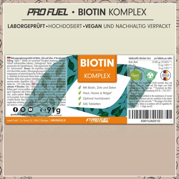 Biotin hochdosiert 10.000 mcg - 365 Biotin Tabletten mit Zink & Selen - Hochwertiger Komplex für Haarwuchs, Haut & Nägel - laborgeprüft mit Zertifikat - 100% vegan - Vorratspack für 1 Jahr – Bild 6