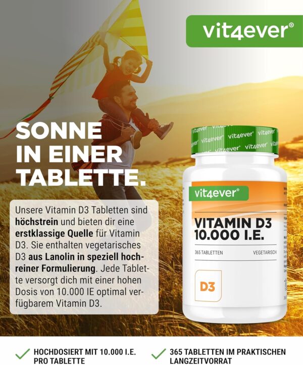 Vitamin D3 10.000 I.E. Depot - 365 Tabletten - Alle 10 Tage eine Tablette - Vegetarisch - Hohe Reinheit - Premium Qualität – Bild 2