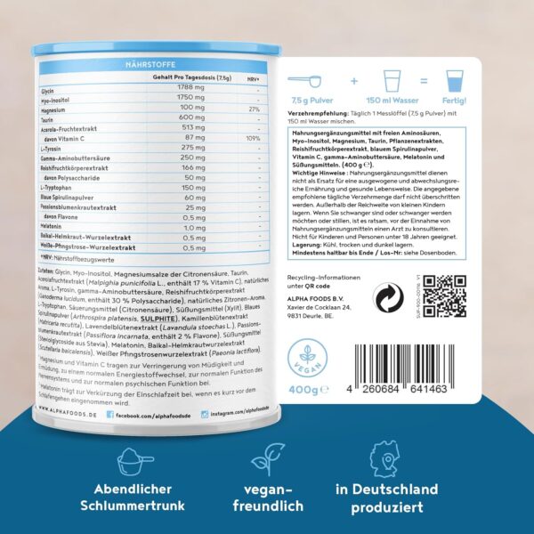 Nerven-Elixier - Melatonin, Magnesium, B-Vitamine & Aminosäuren für natürliches Stressmanagement & Entspannung am Abend - Pflanzliche Mischung mit Blaubeer-Geschmack - 400g Pulver von Alpha Foods – Bild 7