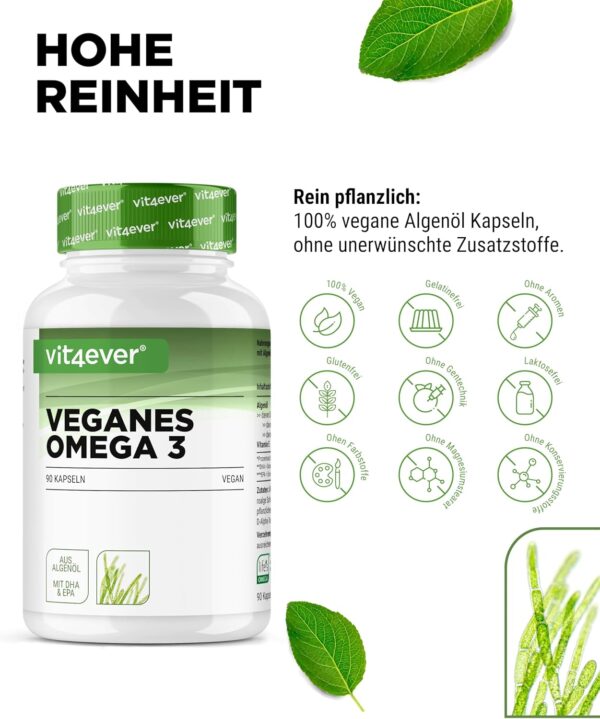 Omega 3 Vegan - 90 Algenöl Kapseln - Markenrohstoff: life's™OMEGA mit DHA & EPA aus Algenöl in Triglycerid-Form - Laborgeprüft - Schadstoffarm - Extra hochdosiert – Bild 3