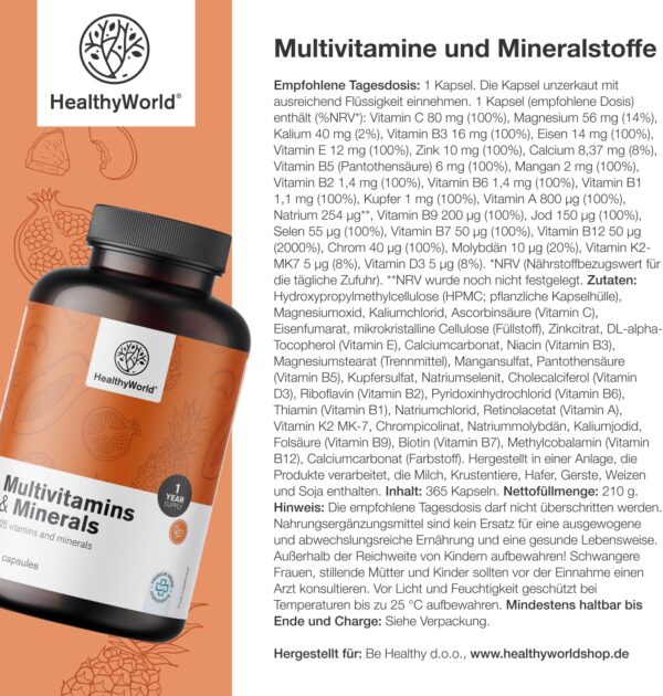 HealthyWorld Multivitamine & Mineralstoffe - 25 Vitamine & Mineralstoffe - 365 Kapseln - Jahresvorrat - Pflanzenkapseln - Immunsystem - mehr Energie- wertvolle Vitamine A-Z - Für Männer & Frauen – Bild 5
