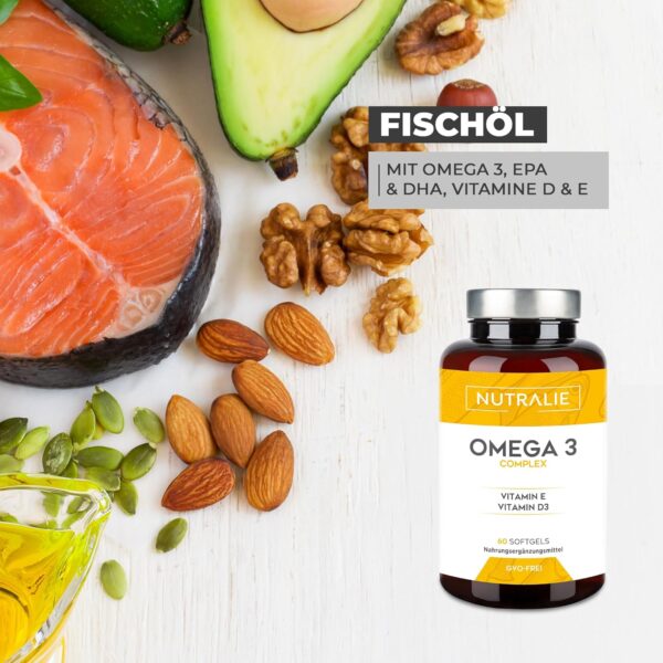 Omega 3 2000mg + Vitamine D3 und E | 1250mg EPA-DHA pro Dosis | Hochkonzentriertes Fischöl 60 Kapseln | Nutralie – Bild 2