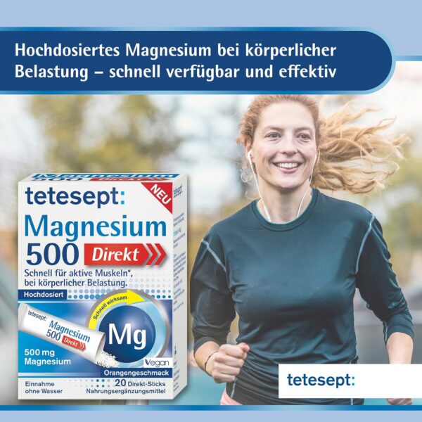 tetesept Magnesium 500 Direkt – Nahrungsergänzungsmittel mit Magnesium Pulver zur Einnahme ohne Wasser - Schnell für aktive Muskeln – 1 x 20 Direkt-Sticks – Bild 3