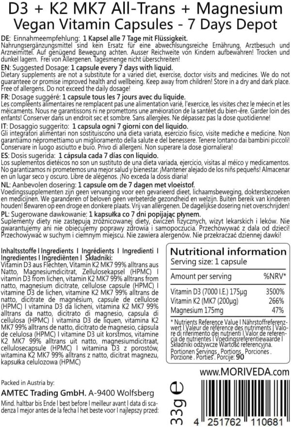 Vegane Vitamin D3 + K2 + Magnesium Kapseln - bis 90 Wochen Depot - 7000 I.E D3 + 200 mcg K2 MK7-90 Kapseln von MoriVeda – Bild 7