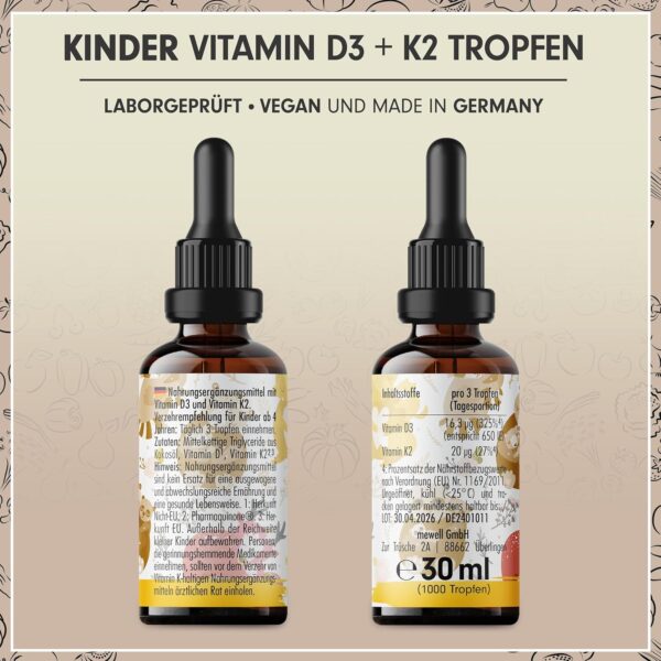 Vitamin D3 + K2 KINDER Tropfen 1000x - mit 650 IE Vitamin D3 vegan + 20 µg bioaktives Vitamin K2 MK7 (Pharmaquinone®) - Immunsystem & Knochen - laborgeprüft mit Zertifikat - Vorrat für 11 Monate – Bild 6