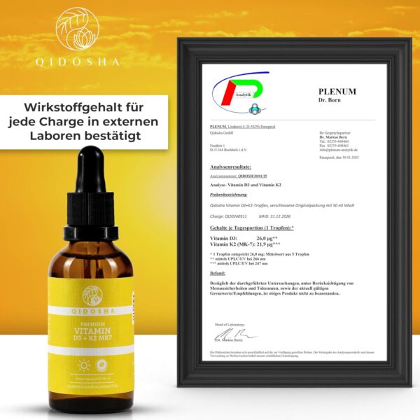 QIDOSHA® Premium Vitamin D3 K2 Tropfen, 50 ml, Wirkstoffmenge in externem Labor bestätigt, 1000 I.E. Vitamin D3 je Tropfen, hoch bioverfügbar durch K2 All-Trans, vegetarisch, Vitamin D Tropfen mit K2 – Bild 3