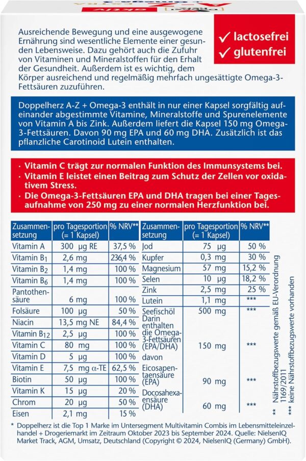 Doppelherz A-Z + Omega-3 Extra - 20 Vitamine, Mineralstoffe & Spurenelemente + Omega-3 + Lutein - Nur 1 Kapsel täglich - 30 Kapseln – Bild 2