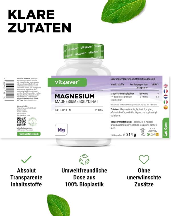 Magnesiumbisglycinat - 240 Kapseln - Premium: Chelatiertes Magnesium - 155 mg elementares Magnesium pro Kapsel - Laborgeprüft - Vegan - Hochdosiert – Bild 6