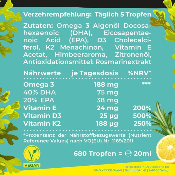 Omega-3 Algenöl PLUS - 40% DHA und 20% EPA mit Vitamin D3 + K2 + E - Zitrone und Rosmarinextrakt - Vegan (20ml = 4 Monats-Vorrat) – Bild 2
