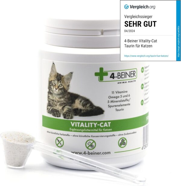 4-BEINER Vitality-CAT Vergleichssieger, 11 Vitamine für Katzen Plus Omega 3, Omega 6, Zink, Selen, Mangan, Kupfer, Eisen, Taurin, Multivitamine Katze