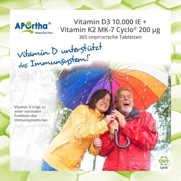 APOrtha® Vitamin D3 10.000 I.E + 200 µg K2 99+% ALL-Trans, 365 vegetarische Tabletten hochdosiert u. teilbar, Premium Vitamin D und K Tablette leicht zu schlucken - Alternative zu Tropfen und Kapseln – Bild 8