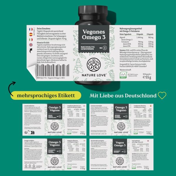 NATURE LOVE® Omega 3 vegan - hochdosiert mit 1.444 mg Algenöl pro Tagesdosis - 90 Kapseln - nachhaltig, laborgeprüft, produziert in Deutschland – Bild 6