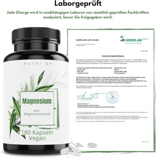 Magnesium – 180 Kapseln (6 Monate) 400 mg elementares Magnesium pro Kapsel | 665 mg reines Magnesiumoxid – laborgeprüft, hochdosiert, vegan – Bild 5