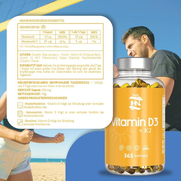 Vitamin D. (5000 IE) 365 Kapseln Vitamin D3 + K2 Hochdosiert Unterstützt Immun Und Knochenfunktion Hohe Konzentration Antioxidantien Antifettiga Weichkapseln Premium – Bild 8