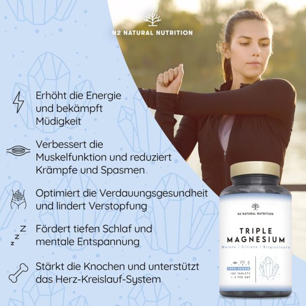 Magnesium Komplex hochdosiert, 440mg elementares Magnesium pro Tagesdosis. Triple Magnesium mit: Magnesiumcitrat 1440mg, Magnesiumbisglycinat 600 mg, Magnesiummalat 600mg. 180 Tablets. 3 Monats. N2 – Bild 3