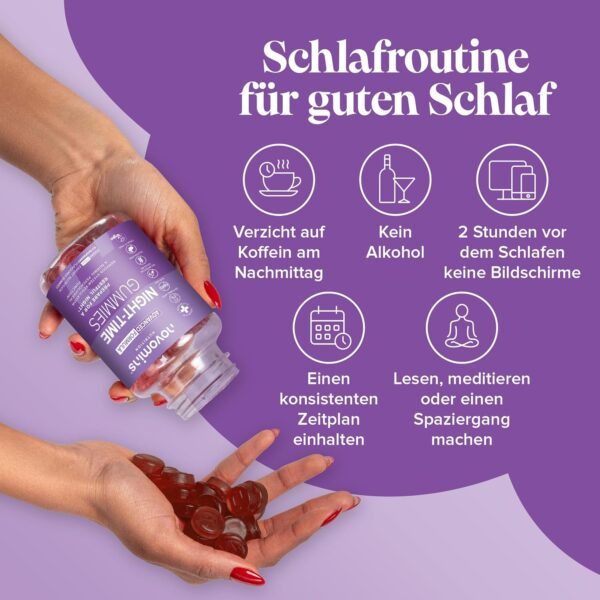Schlafgummis – Hochwirksames, Nahrungsergänzungsmittel Unterstützung der Nacht – Melatonin-Vorläufer für die Schlafenszeit – Vegan – Glutenfrei – Magnesium – L-Theanin – B12 – von Novomins – Bild 3